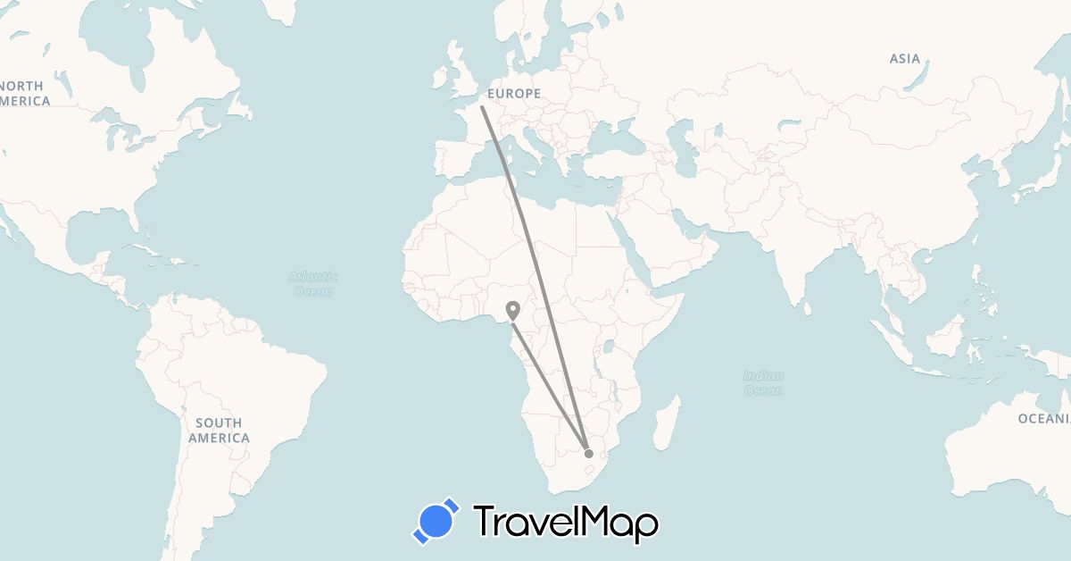 TravelMap itinerary: driving, plane in Cameroon, France, South Africa (Africa, Europe)